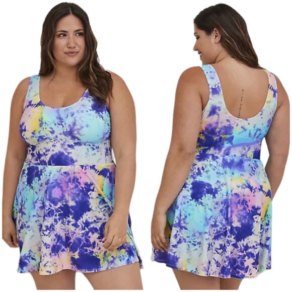 Torrid NWT Wireless Scoop Long Length Swim Dress With Brief- Tie Dye Size 0X - Picture 1 of 11